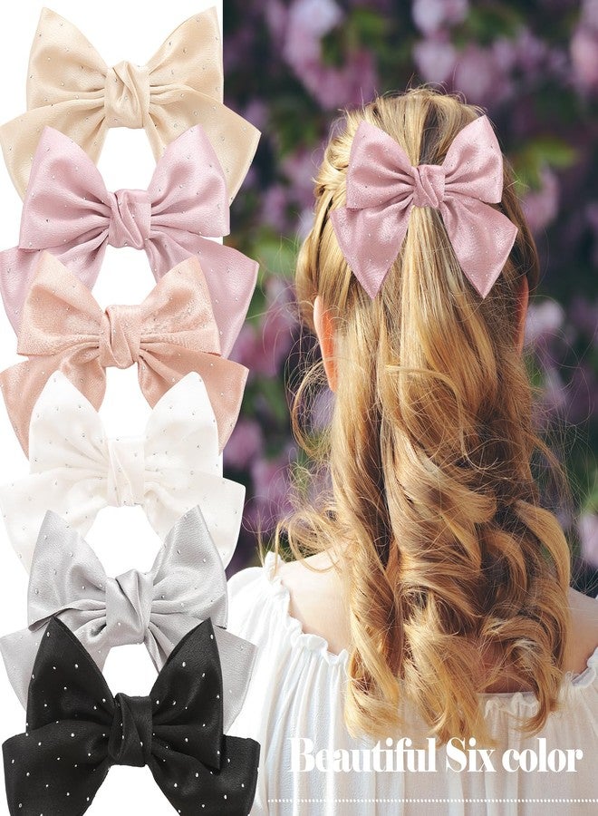 ONEYE 6PCS Large Bow Hair Clips Fashion Hair Bows with Rhinestone Handmade Hair Ribbons Clips French Barrette Bowknot Solid colors Hair Accessories for Women Girls - Image 2